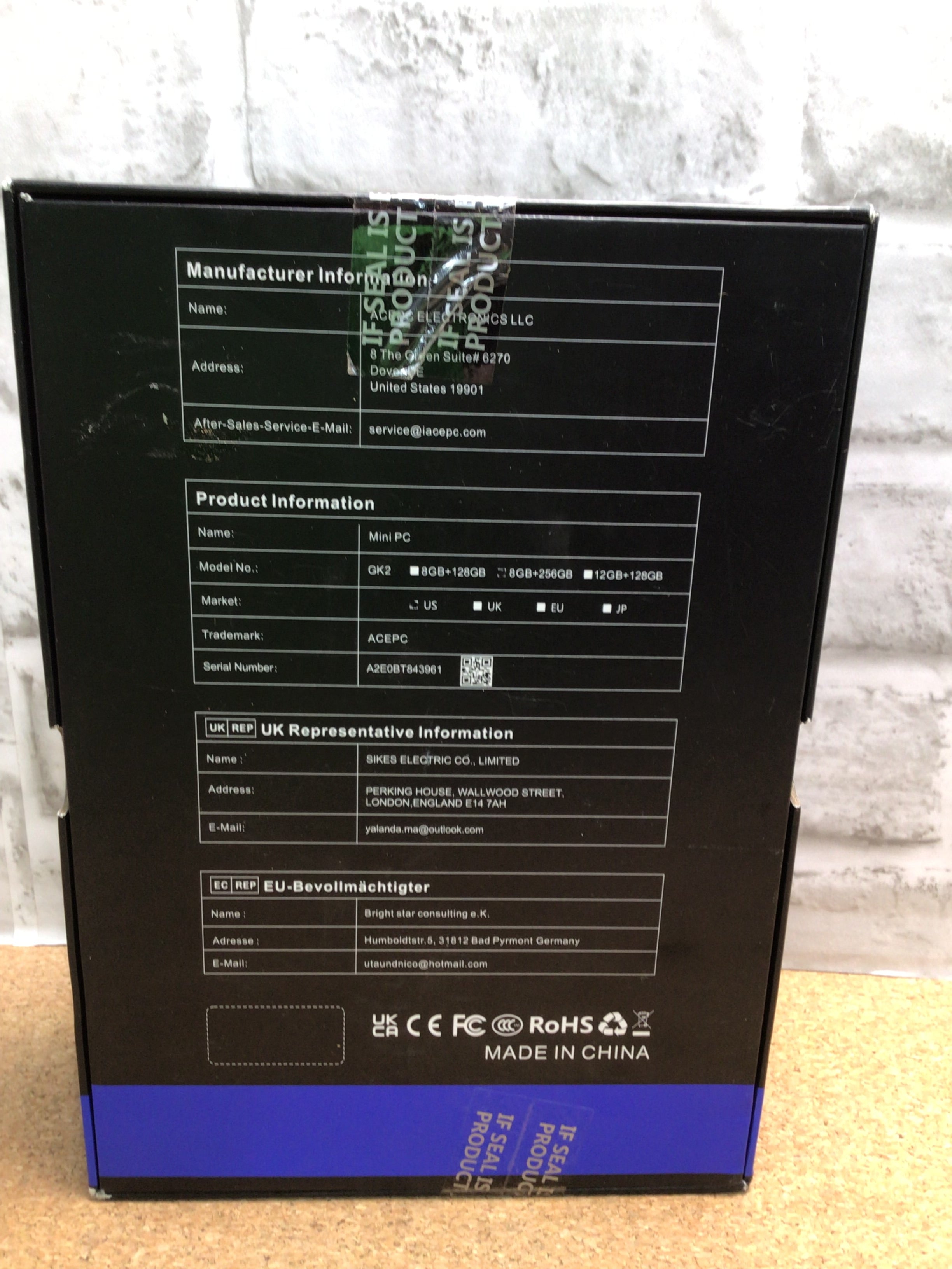 ACEPC GK2 Mini Portable PC 256GB SSD 8GB Intel/Serial #A2E0BT843961 (8017857052910)